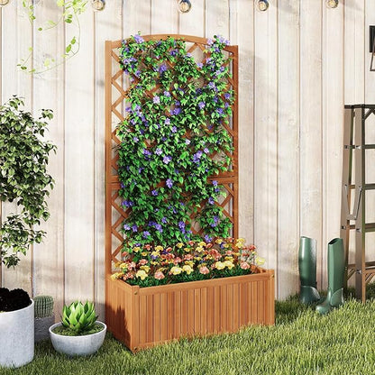 HAPPYGRILL Wooden Raised Garden Bed with Trellis, 63" Tall Planter Box with Trellis & Slat Bottom Base Vine Climbing Plants Flowers, Outdoor Freestanding Garden Box for Backyard Balcony (2)