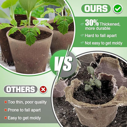 Cosweet 3.2" Biodegradable Peat Pots with Drainage Holes - 50 Pcs Thickened Round Plant Pots, Seedling Starters Kit with 100 Plant Markers for Seed Germination