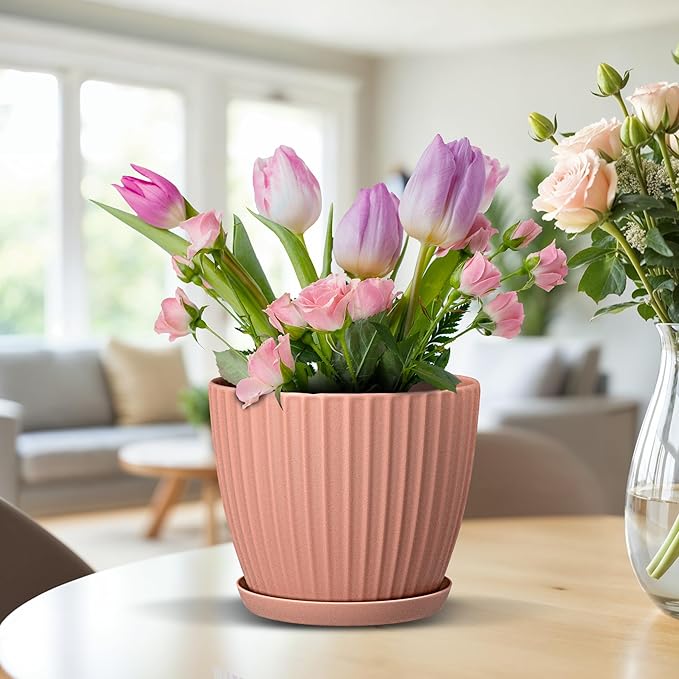 Pink 6-Inch Plant Pots with Drainage & Saucers 24 Pack, Indoor & Outdoor Planters for Houseplants, Herbs, and Flowers, Durable & Weatherproof Material, Stackable, Lightweight, Minimalist Design