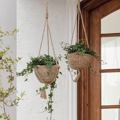 LA JOLIE MUSE Natural Seagrass Hanging Planter Basket Set,Indoor Plant Pots, Boho Decor Plant Pot Cover, 9 (D)*5.5(H) Inch, Pack 2