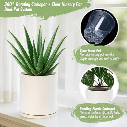 D'vine Dev Double-Layer Planter Set – Rotating Plastic Cachepot with Clear Inner Liner for Root Health, Perfect for Indoor Plants, 6.5", Oatmeal, 73-U-D-2