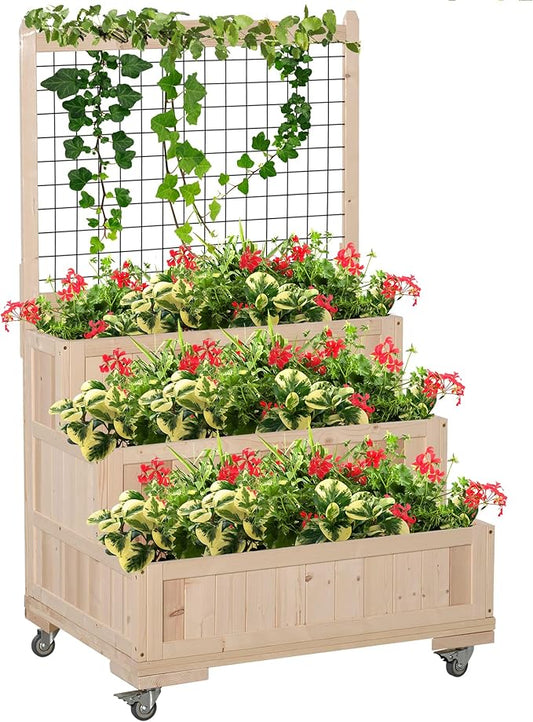 Outsunny 3-Tiers Raised Garden Bed with Trellis, 53" H Vertical Planter Box with Wheels & Back Storage Area, for Flowers, Vegetables, Herbs, Natural