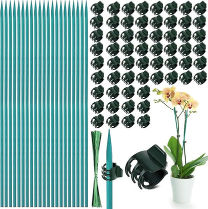 30 Pcs Plant Support Stakes Kit 15 Inch Bamboo Plant Stakes with 50 Pieces Orchid Clips Plastic Garden Plants Clips, 30 Pcs Metallic Twist Ties for Garden Supporting Stems Vines Stalks Grow Upright