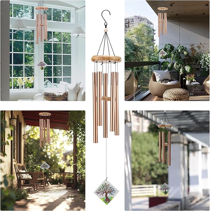 Deep Tone Wind Chimes for Outdoor - Handcrafted Copper Pipe Wind Chime with Tree of Life Pendant, Melodic Garden & Patio Decor (Ideal Gift for Mother, Grandmother, Housewarming) (Style 1)