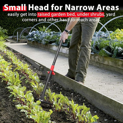 Rake, Adjustable Rakes for Leaves with 9”-17” Head, Rakes for Lawns Heavy Duty, 60 in Garden Rake with 18 Clog-Free Tines, Long Handle, Metal Gardening Tool, Fast Cleanup, Easy Carry for Camping
