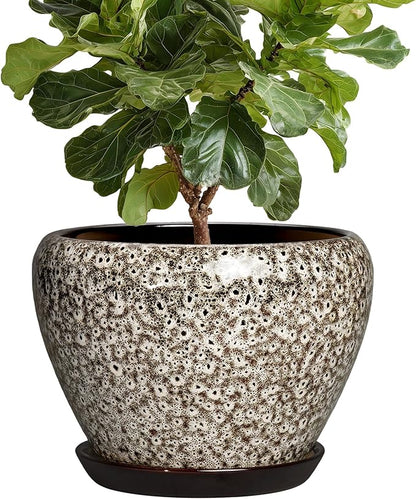 Ceramic Pots for Plants - 10 Inch Planters for Indoor Outdoor Plants, Decorative Plant Pots with Drainage Hole and Saucer, Large Plant Pot, Living Room Decor, Gardening Gifts, White Leopard