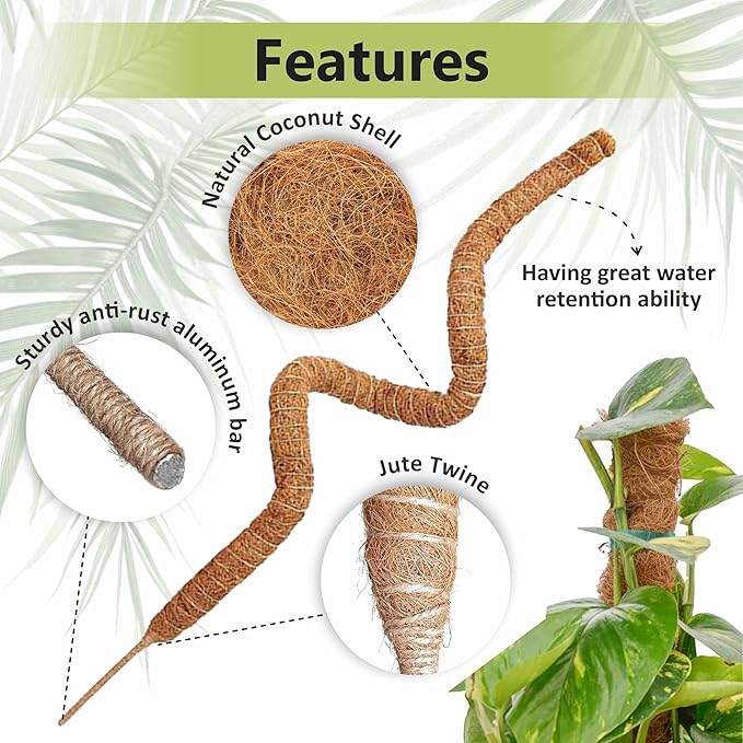 48 Inches Bendable Moss Pole Monstera Plant Support Stakes - Moss Poles for Climbing Plants, Plant Stakes for Indoor Plants - Coco Coir Pole Moss Stick for Monstera, Pothos.