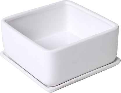MyGift Modern White Ceramic Square Indoor Small Planter, Flower Succulent Plant Pot with Drainage Hole and Removable Drip Tray