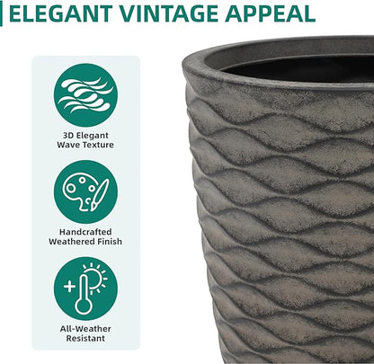 20" Tall Planters Set of 2, High-Density Resin Wavy Outdoor Pots for Plants, Versatile Indoor/Outdoor Flower Pots w/Drainage Holes for Patio, Garden, Porch & Living Room Decor, Ideal Gift