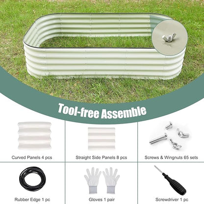 Galvanized Steel Raised Garden Bed 8x2ft Oval - 17" Tall 9-in-1 Modular Planter Box for Vegetables/Flowers, Rust-Proof Metal Outdoor Planters Rubber Edging (White)