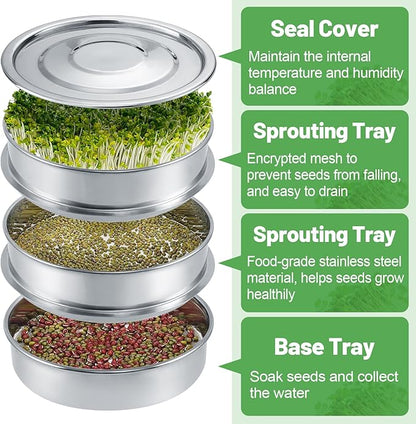 Stainless Steel Seed Sprouting Kit - 3-tier Microgreens Growing Tray 6in Dia, Stackable Round Seed Sprouter Maker with Encrypted Mesh, Sprouts Grower for Beans Broccoli Alfalfa Seeds Wheat Grass
