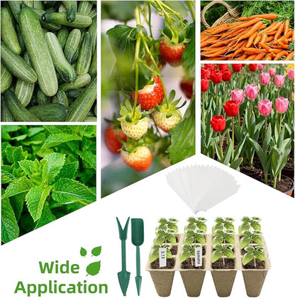 Seed Starter Tray - 300 Cells Biodegradable Peat Pots for Seedlings, 25 Packs Garden Germination Seedling Starter Trays with Drain Holes, Organic Seed Starter Kit with Plant Labels(Khaki)