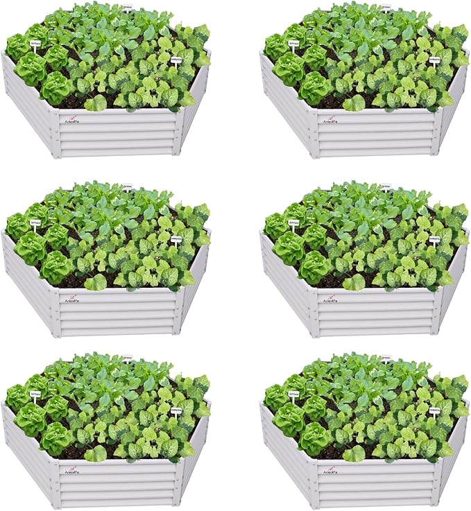 A ANLEOLIFE 6 Set Hexagon Galvanized Raised Garden Beds Outdoor,70x60x18in Metal Planter Box for Planting Vegetables Flowers Herb, Anti-Rust & Easy-Setup, Antique White