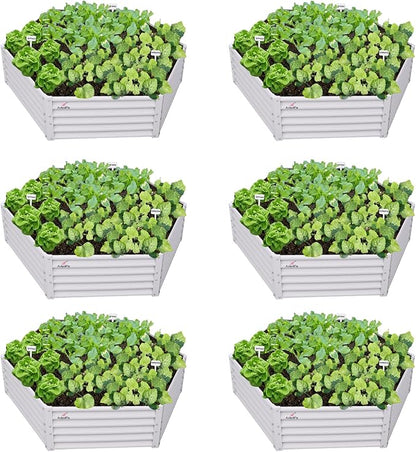 A ANLEOLIFE 6 Set Hexagon Galvanized Raised Garden Beds Outdoor,70x60x18in Metal Planter Box for Planting Vegetables Flowers Herb, Anti-Rust & Easy-Setup, Antique White