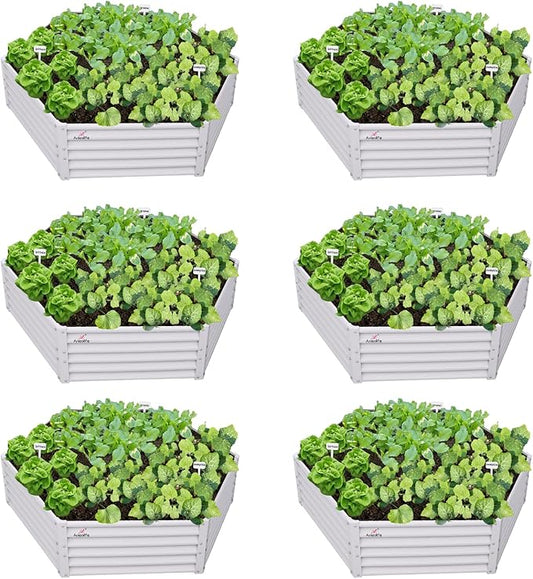 A ANLEOLIFE 6 Set Hexagon Galvanized Raised Garden Beds Outdoor,70x60x18in Metal Planter Box for Planting Vegetables Flowers Herb, Anti-Rust & Easy-Setup, Antique White