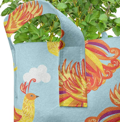 Ambesonne Phoenix Grow Bags 5-Pack, Bird Feathers Illustration, Heavyduty Fabric Pots with Handles for Plants, Vermilion Pale Blue