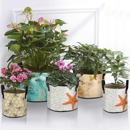 7 Gallon 3D Beautiful White Seashell Starfish Breathable Grow Bag Heavy Duty Thickened Plant Pots Containers with Handles for Tomato Potato Fruits Vegetables Flowers