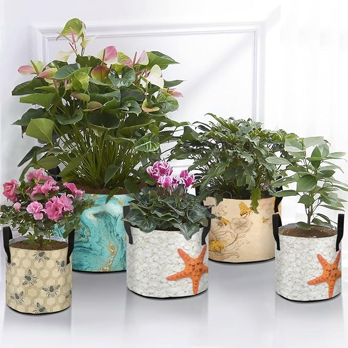10 Gallon 3D Beautiful White Seashell Starfish Breathable Grow Bag Heavy Duty Thickened Plant Pots Containers with Handles for Tomato Potato Fruits Vegetables Flowers