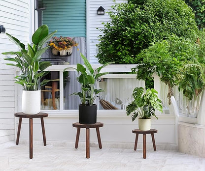 3-Pack Wood Plant Stands Indoor, Single Plant Stand for 6-12 Inch Pots, Mid-Century Modern Plant Stool, Tall Plant Stand for Large Plants for Living Room, Balcony, Office