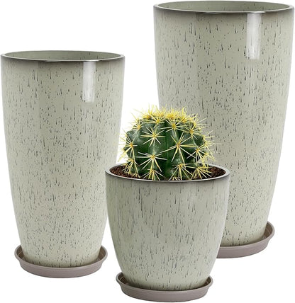 24/21/12 Inch Large Plastic Planter, Lightweight Ceramic-Look Tall Planters with Drain Hole & Saucers, Tall Plastic Planters for Porch, Garden, Patio, Balcony(Glaze Beige)