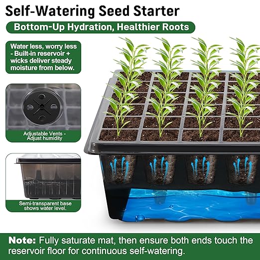 60-Cell Self-Watering Seed Starter Kit with Grow Light and Heat Mat, Seedling Tray with Humidity Dome, Indoor Plant Germination Tray for Beginners - Grow Tomatoes, Peppers, Herbs & Flowers