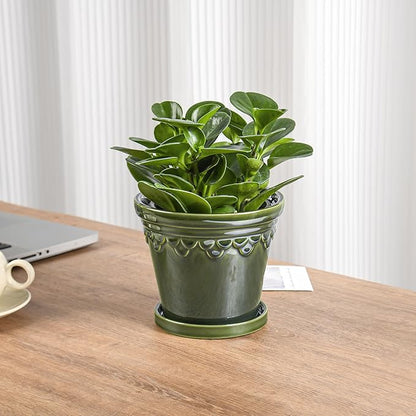 6.3 Inch Ceramic Planter, Plant Pot with Drainage Hole and Saucer, Decorative Glaze Flower Pot for Indoor Plants (Olive Green)