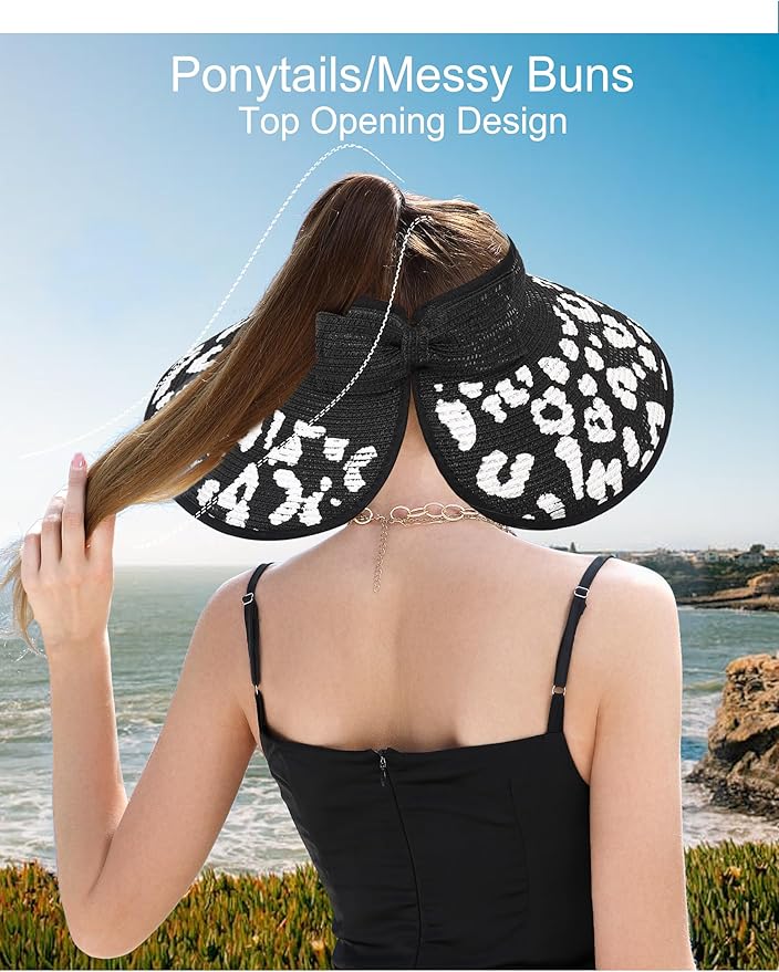 Womens Beach Straw Sun Hats Ponytail Hole Wide Brim Summer Visor Foldable Hat Sun Protection Packable for Travel Pool