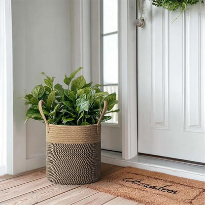 Round Wicker Basket with Handle, 11" Woven Jute Plant Basket for 10" Pot, Indoor Boho Tree Planter, Decorative Flower Pot Cover, Rustic Holder for Plants, Shoe Bin for Entryway, Black Stripes