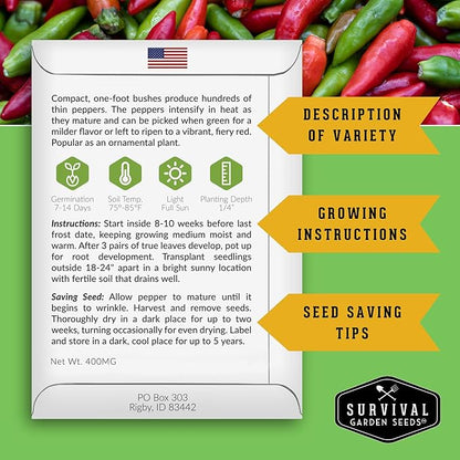 Thai Chili Pepper Seeds for Planting | Bird’s Eye Hot Peppers – Heirloom Non-GMO Hot Chilis for Spicy Cooking & Container Gardens – Survival Garden Seeds (1 Pack)