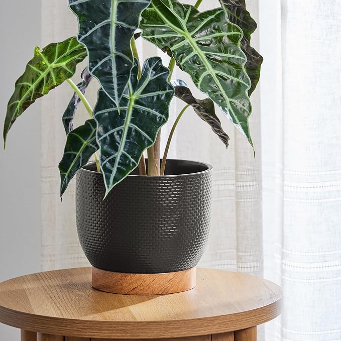 8 Inch Black Woven Ceramic Planter Pot with Wood Grain Base, Indoor Outdoor Flower Pot with Removable Drainage Hole, 3.5 Qt Capacity for Herbs, Succulents, Patio & Home Decor