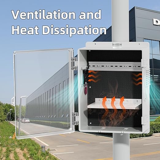 Joinfworld Outdoor Electrical Box Vented Outdoor Enclosure Box Nema Din Rail with Waterproof Clear Enclosure, 16x11x6 ABS Plastic WiFi Box with Fan Dust Screen