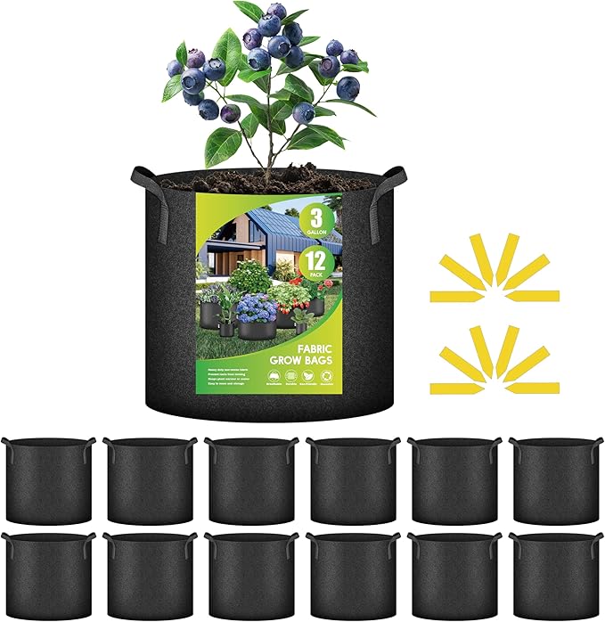 iPower 12-Pack 3 Gallon Grow Bags Heavy Duty Thickened Aeration Nonwoven Fabric Pots with Nylon Handles and 12 Labels for Planting Vegetables, Fruits, Flowers, Black