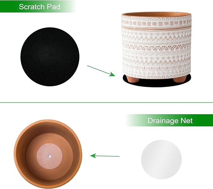 D'vine Dev 8 Inch Terracotta Planter Pot, Modern Design Ceramic Plants Pot with Drainage Hole, Saharan Script, 33-953-D-1