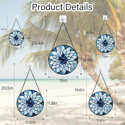 Stained Glass Suncatcher, Blue White Multi-Petal Flowers Sun Catcher Landscape Stain Glass Window Hanging Decoration Mother's Day Birthday Gifts for Women Men Mom Nana 11.8 in