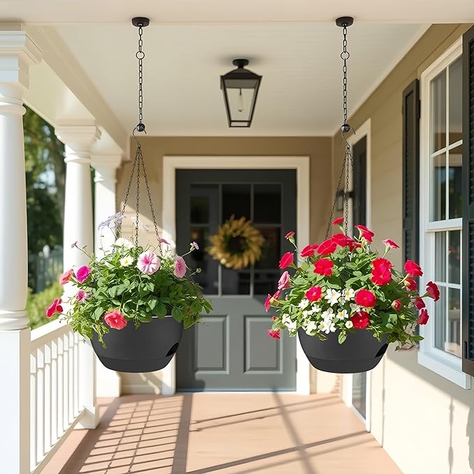 2 Pack 12 Inch Self Watering Hanging Planters for Indoor Plants, Large Black Plastic Hanging Pots with Chains for Outdoor Patio Garden Home Decor Black