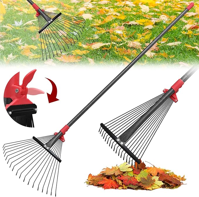 61 Inch Rake for Leaves , Adjustable 18 Tines with Expandable Head 9-18in Grass Rake Heavy Duty Metal Rakes for Women Children Yard Gardener Gardening Grass Debris Lawns