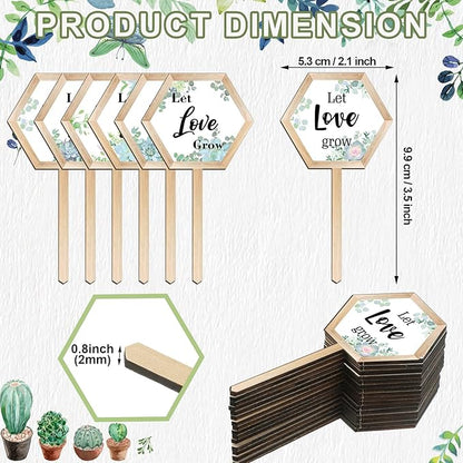 48 Pcs Let Love Grow Succulent Tags Wedding Favors Hexagon Wooden Plant Stakes Label Garden Marker Plant Sign for Wedding Gift Thanksgiving Baby Shower Seed Potted Flower Garden (Love Style)