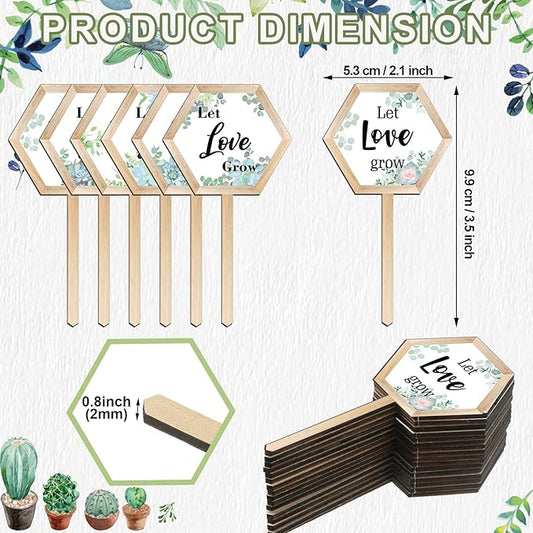 48 Pcs Let Love Grow Succulent Tags Wedding Favors Hexagon Wooden Plant Stakes Label Garden Marker Plant Sign for Wedding Gift Thanksgiving Baby Shower Seed Potted Flower Garden (Love Style)