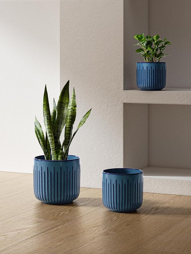 LE TAUCI Fluted Ceramic Plant Pots, 8.3/7/6 Inch Indoor Planters with Drainage Holes & Mesh, Modern Glossy Glaze Cylinder Flower Pot for Snake Plant, Set of 3, Harbor Blue