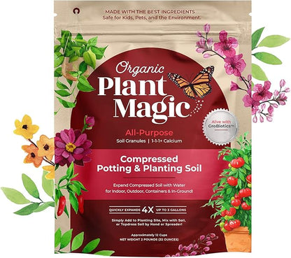 Organic Plant Magic - Fast Acting Soluble Plant Food All-Purpose Fertilizer Concentrate + Compressed Organic Potting Soil for Garden, Plants & Vegetables