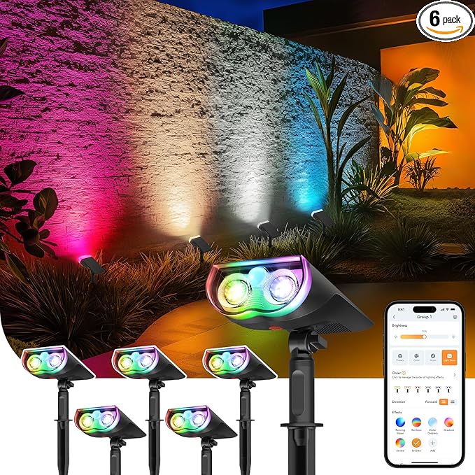 Linkind Smart Solar Lights Outdoor SL5 with Motion Sensor, APP Control Cool/Warm White/Color Changing Solar Spot Lights Outdoor, IP65 Landscape Lighting for Yard, Garden, Path(6 Pack)