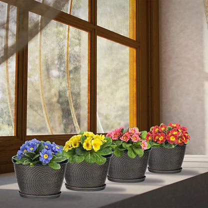 Quarut 4 Pack 6 Inch Flower Pots for Outdoor Indoor, Plastic Plant Pots with Drainage Hole & Saucer, Lightweight Small Flower Pot, Circle Pattern Planters for Garden House planters（Brown）