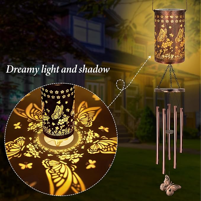 YHmall Butterfly Solar Wind Chimes for Outside, Butterfly Birthday Gifts for Women, Men, Solar Lanterns Windchimes Outdoors, Metal Wind Chime for Home Garden Outdoor Yard Decor