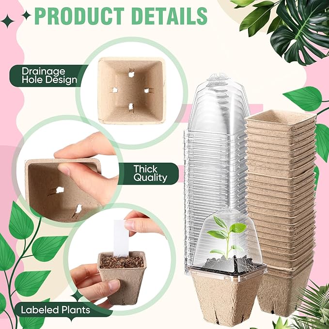 Baderke 120 Pcs Biodegradable Nursery Pots with 30 Humidity Dome and 30 Labels, 2.36" Plant Nursery Seed Starter Planter Biodegradable Peat Pots for Planting Seedlings, Vegetables (Square)