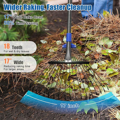 Rake for Leaves: Adjustable Metal Leaf Rake for Lawn, 8-17" Expandable Head, 45” Long Handle,Collapsible Heavy Duty Women Kids Garden Rakes for Yard Pine Needles Mulch Grass Debris Gardening Camping