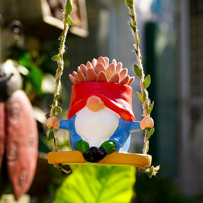 Swing Garden Gnome Hanging Planters for Indoor Plants, Cute Small Succulent Pots with Drainage Hole, Resin Plant Hangers Outdoor, Hanging Plant Holder for String Of Pearls, Gift Ideas for Mother