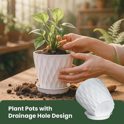 Flower Pots, 7/6.5/6/5.5/5/4.5/4 inch Plastic Plant Pots, 7 Pack Planter for Indoor Outdoor Plants, Nursery Planting Pot with Drainage Holes and Trays (White)