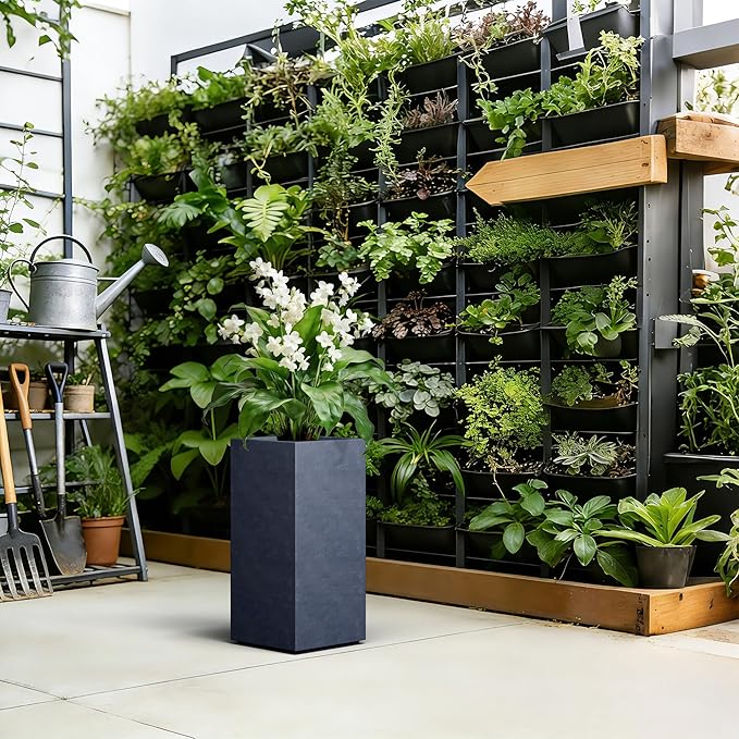 Kante 23.6" H Tall Rectangular Concrete Planter, Modern Square Diameter Plant Pot with Drainage Hole and Rubber Plug for Indoor Outdoor Home Patio Garden, Charcoal
