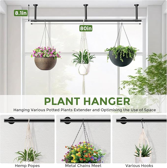 Window Plant Hanger Indoor, 80 Inch Heavy Duty Plant Hanging Rod, 1 Inch Metal Hanging Plant Holder for Window Wall, Matte Black Round Flange Base, Pot Not Included