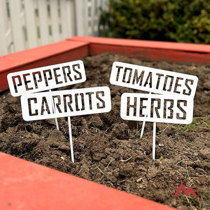 14” Tall Tomatoes White Powder Coated Steel Garden Plant Label Sign Durable Stake for Vegetable Herb Growing Yard Greenhouse for Outdoor Gift Made in USA